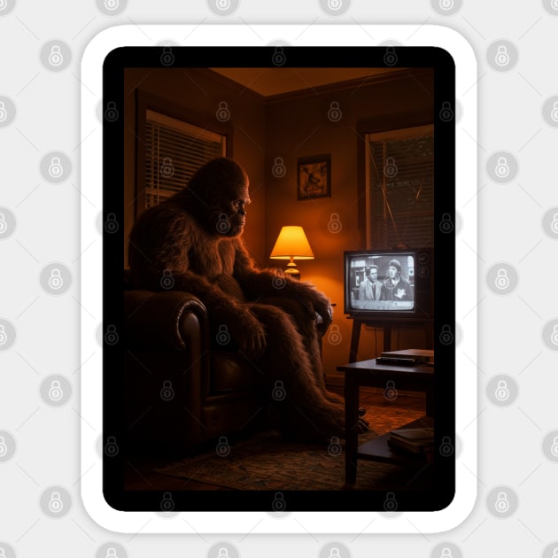 Bigfoot watching TV in his room Sticker by Megadorim
